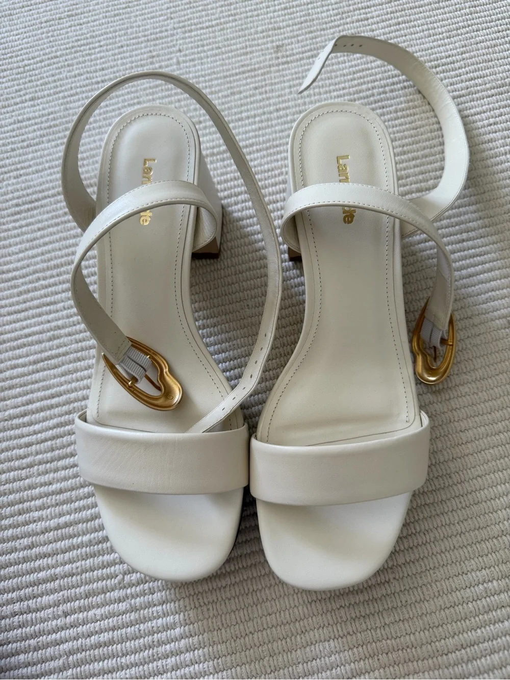 Larroude Cream Platform Slingback Heels with Gold Buckle